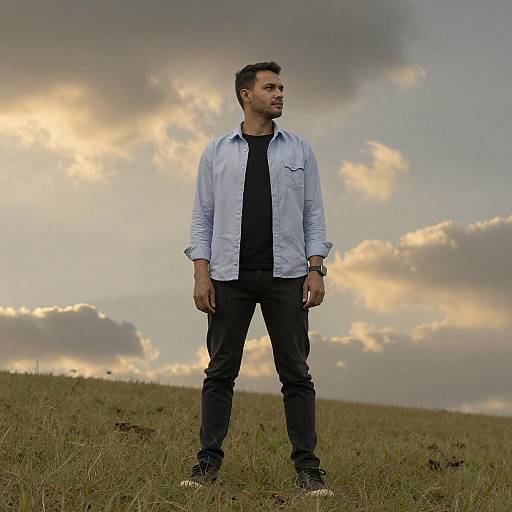 Man Standing on Grassy Hill at Sunset