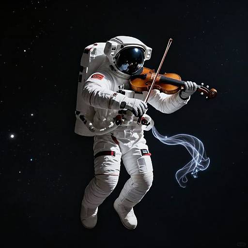 Digital artwork of an astronaut in space, playing a violin with ethereal blue music notes, against a starry black background.