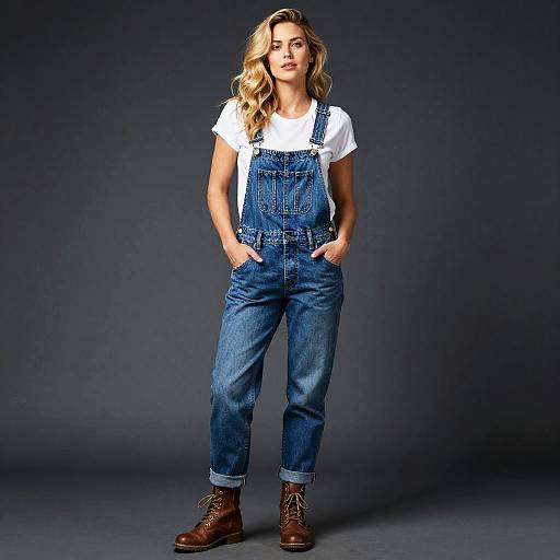 Photograph of a blonde woman with wavy hair, wearing a white t-shirt, blue denim overalls, and brown lace-up boots, standing against