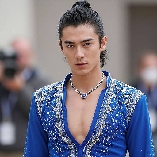 Photograph of an Asian male ballerino with dark hair in a bun, wearing a deep V-neck, blue, beaded traditional costume, and