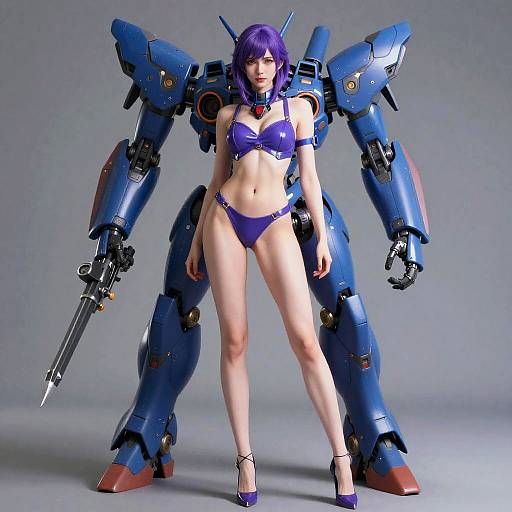 Purple Haired Woman with Blue Mecha Robot