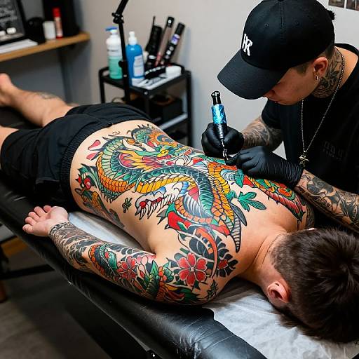 Photograph of a tattoo artist in black gloves, cap, and shirt, tattooing vibrant, colorful bird and flower design on a tattooed man's