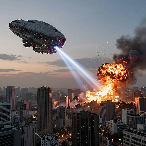 Photograph-style digital artwork: A flying saucer beams a powerful white laser at a city, causing a massive fiery explosion amidst towering skyscrapers under
