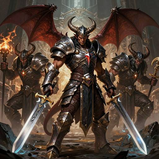 Digital artwork of a muscular, horned demon warrior in dark armor, with glowing swords, red wings, and two minions, standing in a fiery,