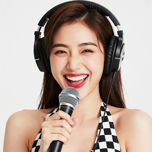 Photograph of a smiling young Asian woman with long brown hair, wearing black-and-white checkered headphones and holding a microphone.