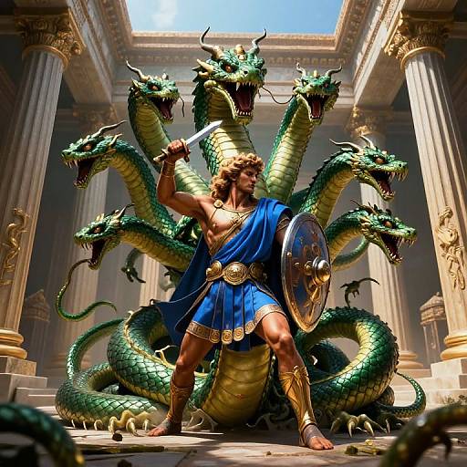 Digital artwork of a muscular, curly-haired warrior with blue toga and gold armor, wielding sword and shield, standing confidently with three fierce green dragons behind