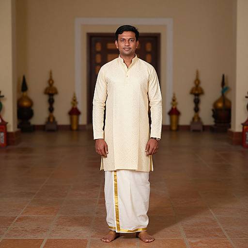 Photograph of a middle-aged Indian man with short black hair, wearing a cream traditional kurta and white pants, standing in a tiled hallway with orn