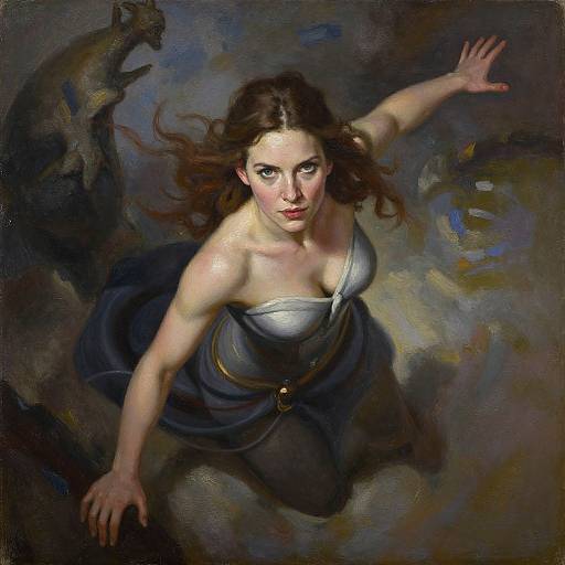 Digital painting of a determined, fair-skinned woman with brown hair, wearing a white strapless top and dark blue skirt, reaching forward with outst
