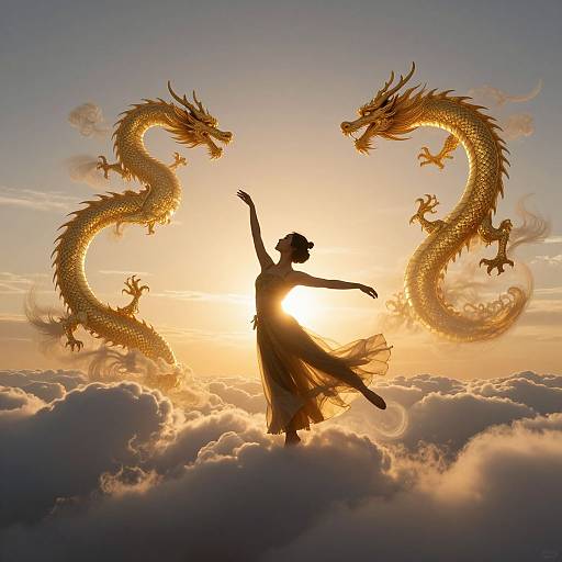 Silhouetted dancer in flowing dress, arms raised, surrounded by golden dragon spirits against a radiant sunset sky, floating on clouds. Digital art.