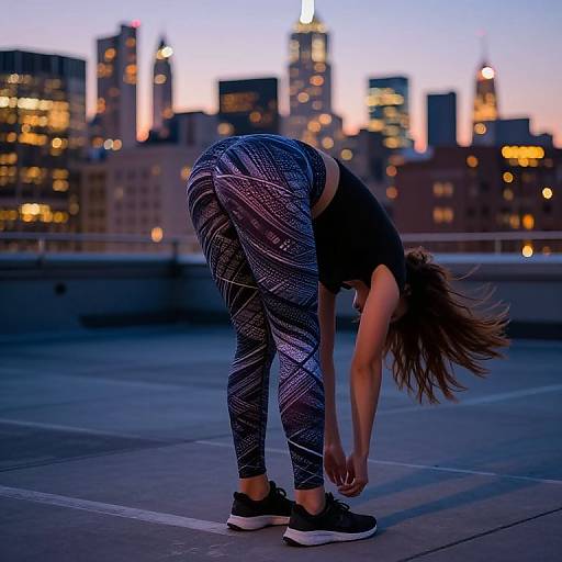 Photograph of a woman with long brown hair, bent over stretching on a rooftop, wearing black top and patterned leggings, against a city skyline at