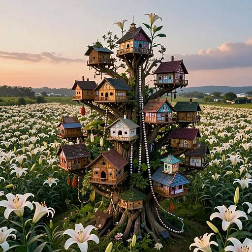 Whimsical treehouse village with colorful, rustic cabins nestled in a field of blooming white lilies at sunset. Digital art.