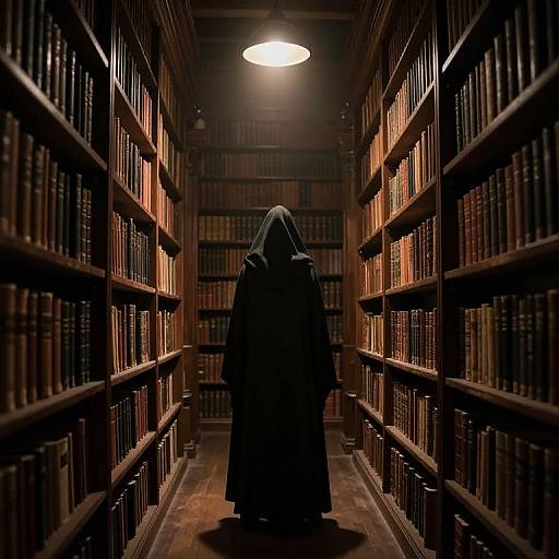 Mysterious Cloaked Figure in Ancient Library