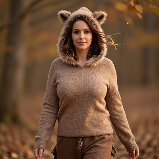 Photograph of a smiling woman with brown hair wearing a beige, fuzzy, bear-eared hooded sweater and brown pants, standing in a blurred autumn
