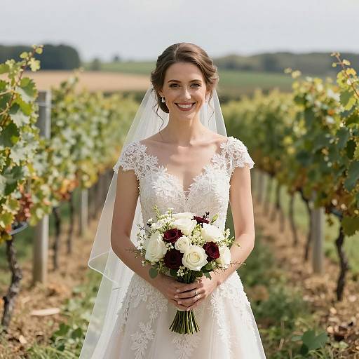 Smiling Bride in Vineyard with Bouquet