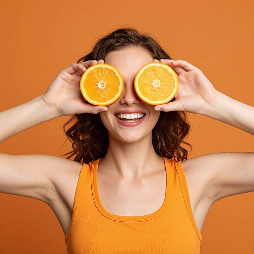Photograph of a smiling woman with curly brown hair, wearing an orange tank top, holding two orange slices over her eyes against an orange background.