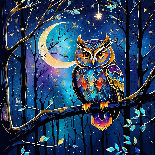 Enchanting Owl Under Starry Night Sky Enchanting Owl Under Starry Night Sky