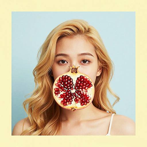 Photograph of a blonde woman with wavy hair, wearing a white top, holding a pomegranate slice with red seeds in front of her