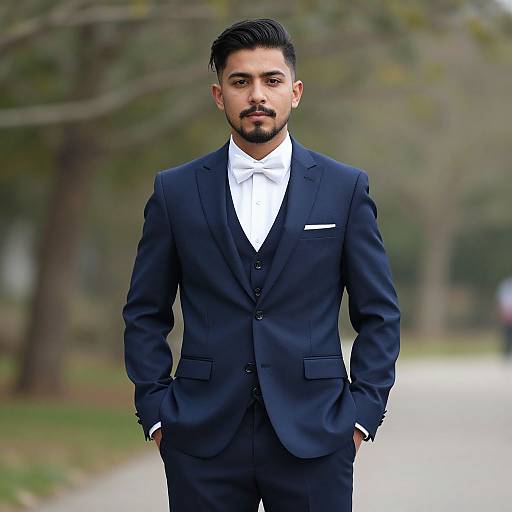 Photograph of a handsome, bearded South Asian man with black hair, wearing a navy three-piece suit, white shirt, and white pocket square,