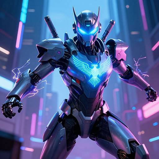 CGI image of a glowing blue, futuristic mecha warrior with wings emblem, neon lights, and electric sparks in a cyberpunk cityscape.
