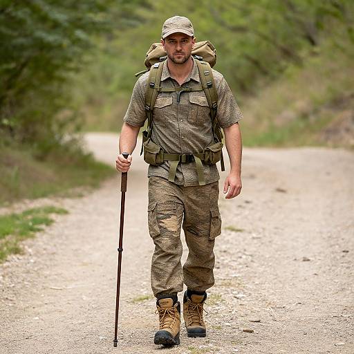 Man Hiking with Backpack and Stick
