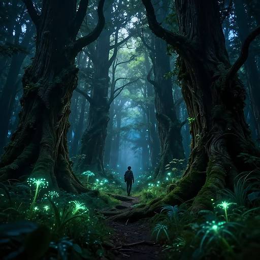 Mysterious forest scene: a lone figure walks down a path flanked by glowing green mushrooms, surrounded by towering, dark trees. Digital artwork with a