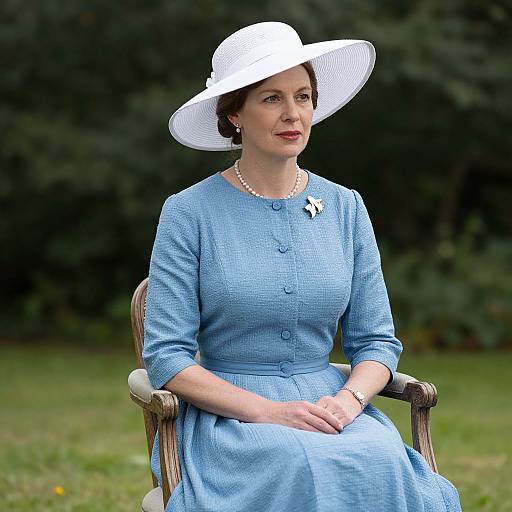 British Woman in Blue Dress Sitting
