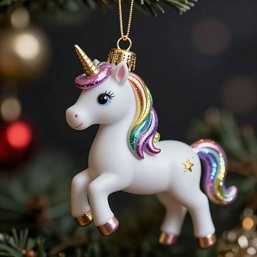 Photograph of a white, glittery unicorn ornament with a rainbow mane, gold accents, and a star on its flank, hanging from a Christmas tree