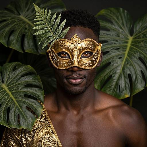 Photograph of a dark-skinned, muscular man with short curly hair wearing an ornate, gold masquerade mask, surrounded by lush green mon