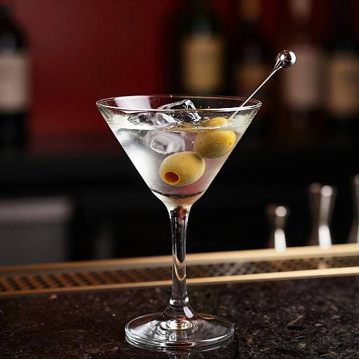 Photograph of a martini glass with ice, green olives, and a toothpick, set on a dark bar counter with blurred bottles in the
