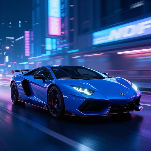 Photorealistic digital image of a sleek, blue Lamborghini Huracán speeding through a neon-lit, futuristic city at night. Blurred colorful