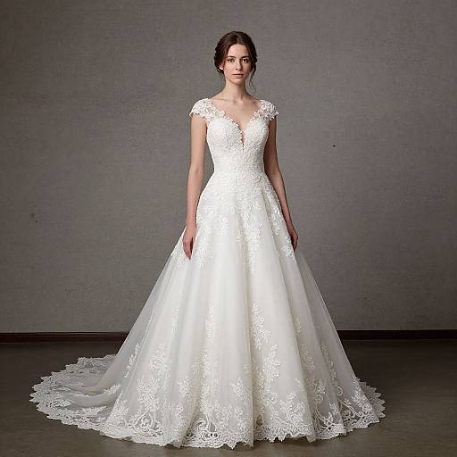 Photograph of a fair-skinned woman with dark hair in an elegant, white lace wedding gown with a V-neck and cap sleeves. She stands against