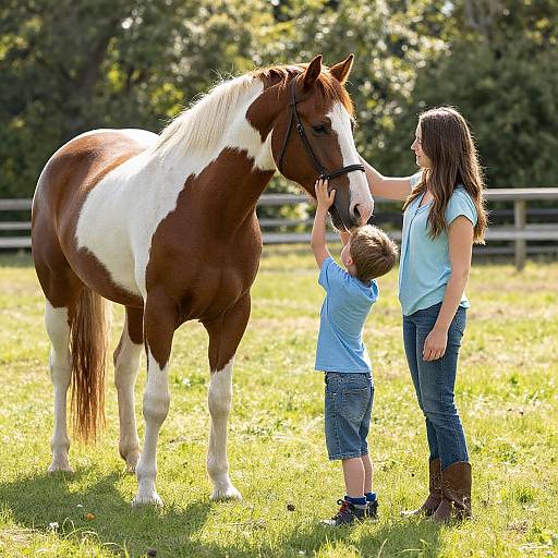 Photograph of a woman and child interacting with a brown and white pinto horse in a sunlit, grassy field.