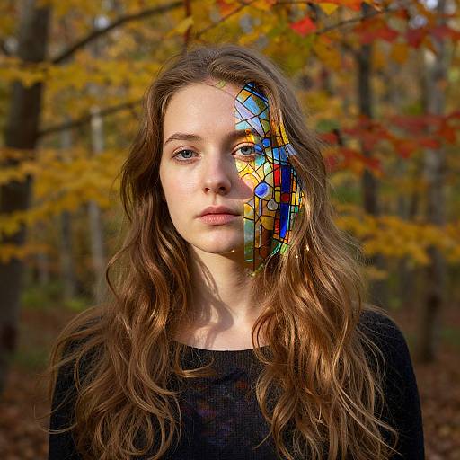 Photograph of a young woman with long brown hair, wearing a black sweater, standing in a forest with autumn leaves. Her right eye is replaced by