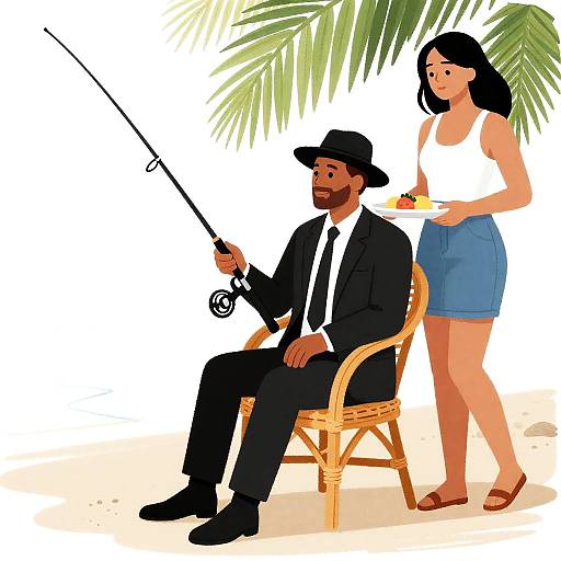 Beach Scene with Fishing Couple