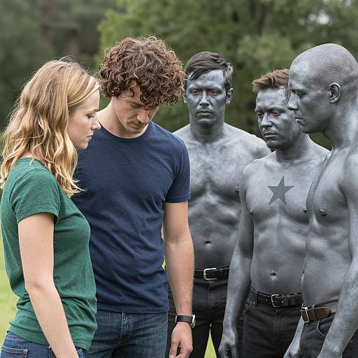 Group of People with Painted Bodies and Casual Clothing Outdoors
