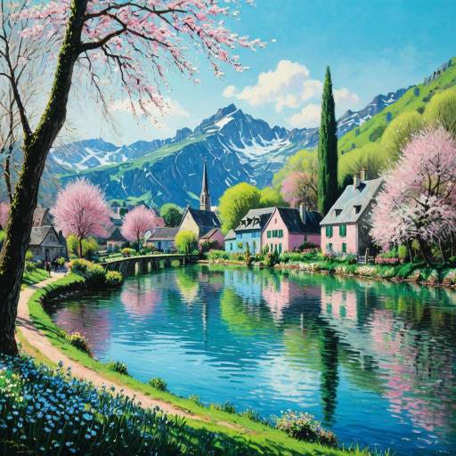 Serene Springtime Lakeside Village Painting