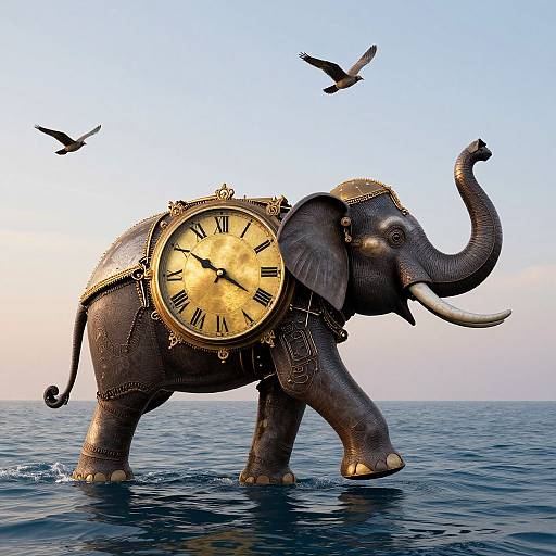 Photorealistic CGI: A golden-clocked, ornate elephant walks on water, raising its trunk. Two birds fly above against a clear, blue