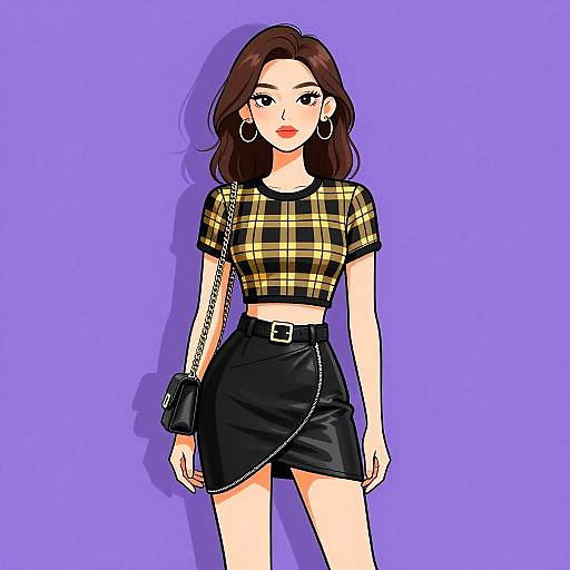 Chic Woman in Plaid Crop Top and Leather Skirt