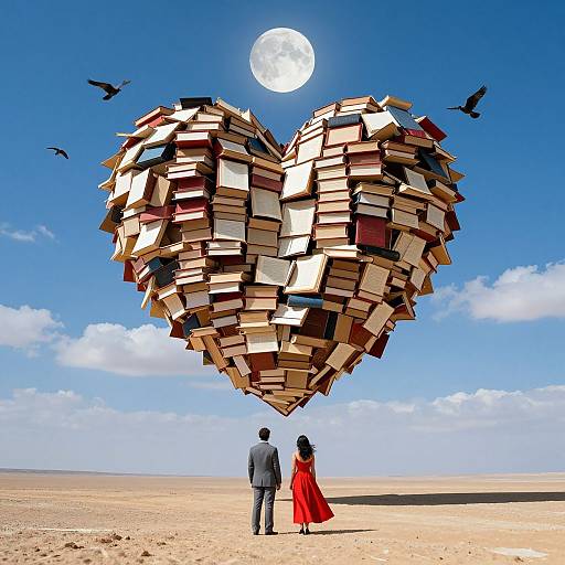 Floating Heart of Books in Desert