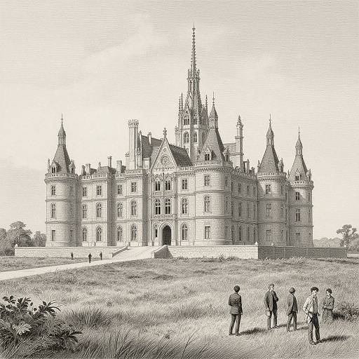 Black-and-white illustration of a grand, Gothic-style castle with multiple spires, viewed from a grassy foreground where four men stand.