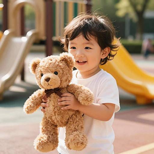 Toddler Holding Teddy Bear at Playground