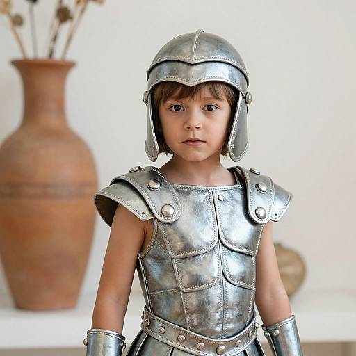 Photograph of a young child with brown hair in medieval-style silver armor, including helmet and shoulder guards, standing in front of a blurred terracotta