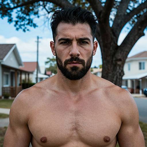 Photograph of a shirtless, muscular, bearded man with dark hair standing outdoors in front of suburban houses and a large tree.
