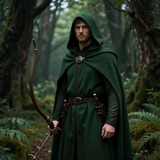 Photograph of a serious, bearded man in a dark green hooded cloak, holding a bow, standing in a dense, mossy forest.