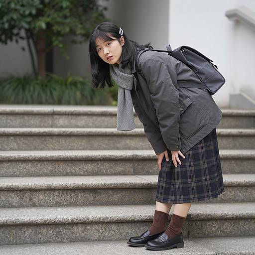Asian Woman in a Gray Jacket Outdoors