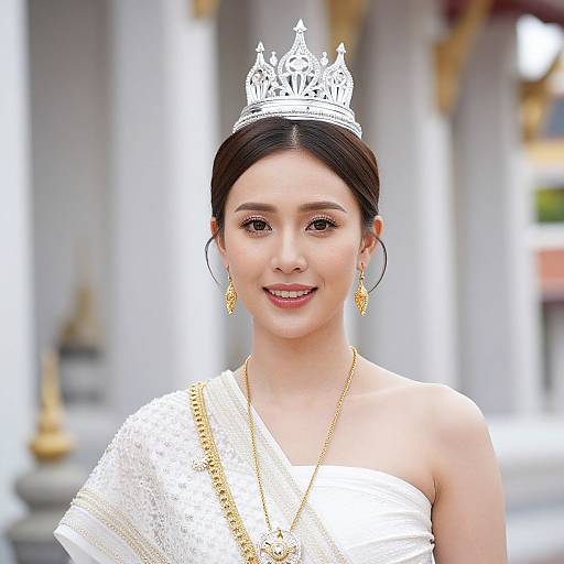 Photograph of a smiling Asian woman with fair skin, dark hair in a bun, wearing a white sari, silver crown, gold earrings, and