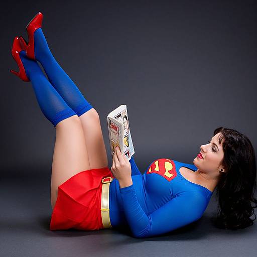 Sexy Superwoman Relaxing with Comic