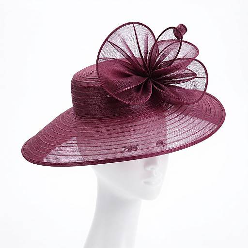 Photograph of a maroon, wide-brimmed, mesh summer hat adorned with a large, decorative flower-like bow and a small bud.