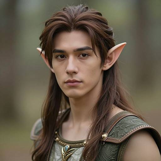 Photorealistic CGI of a young, androgynous elf with long brown hair, pointed ears, serious expression, wearing green armor with gold accents