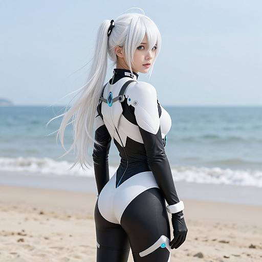 Photograph of a white-haired woman in a black and white futuristic bodysuit, standing on a sunny beach with ocean waves in the background, looking